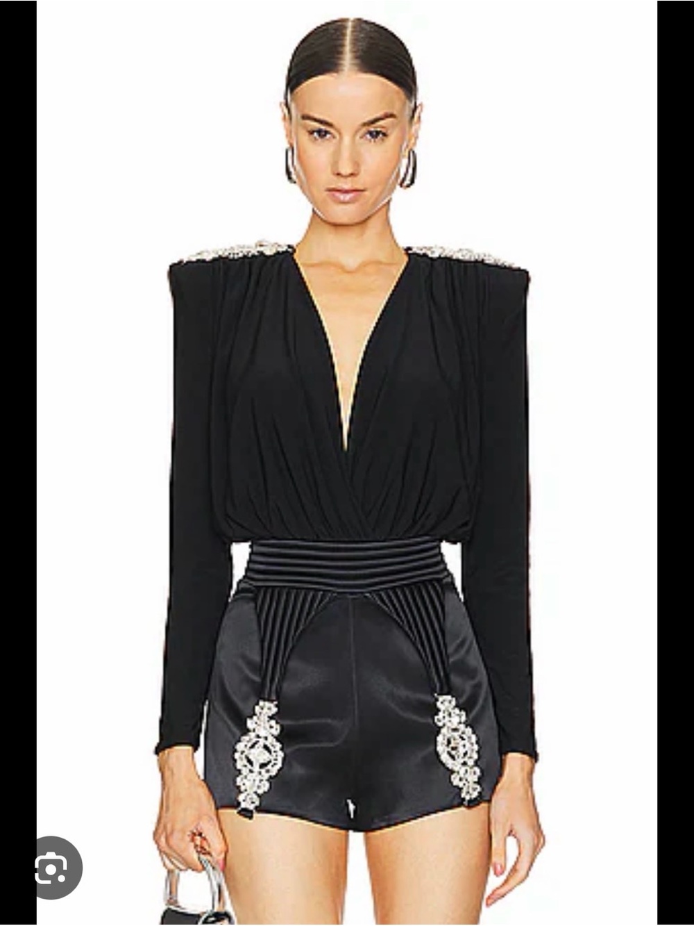 Zhivago Black V-Neck Draped Bodysuit with Embellished Shoulders size 6 NWT